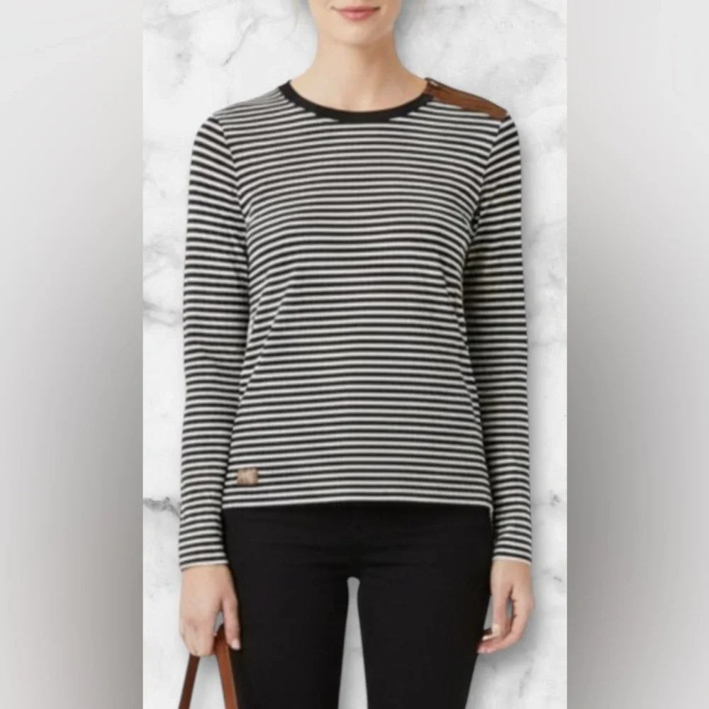 Lauren Ralph Lauren Black White Striped Top Suede Elbow Patches and Accents Sz M - Picture 5 of 15